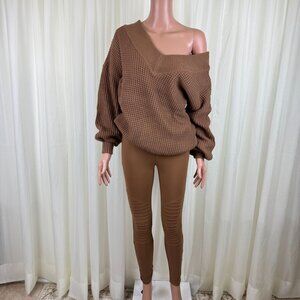 Zenana Two Piece V-Neck Sweater & High Waist Moto Leggings Loungewear Set